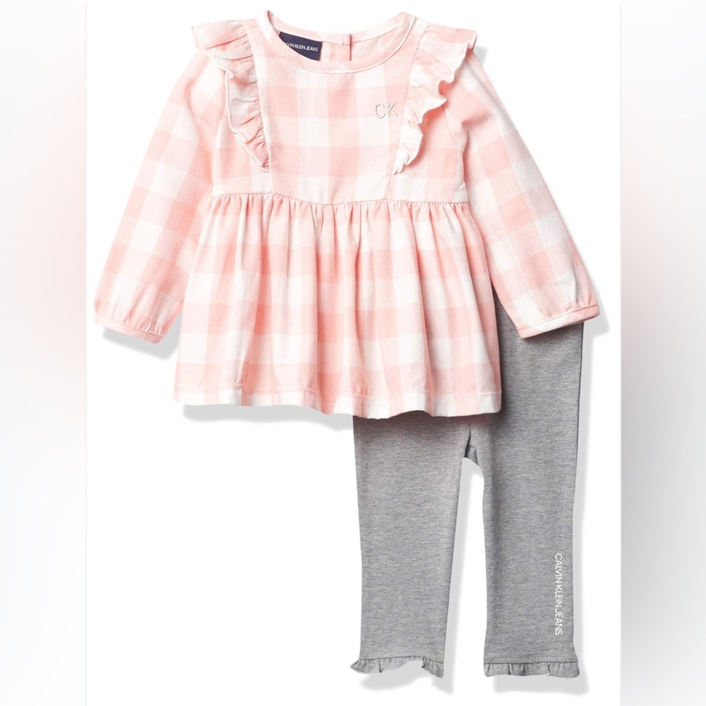 Calvin Klein 12month Pink Checkered Dress and Gray Pants Set